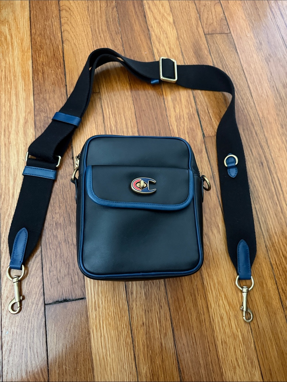 Coach x Champion Black Messenger with Navy Trim and Gold Hardware